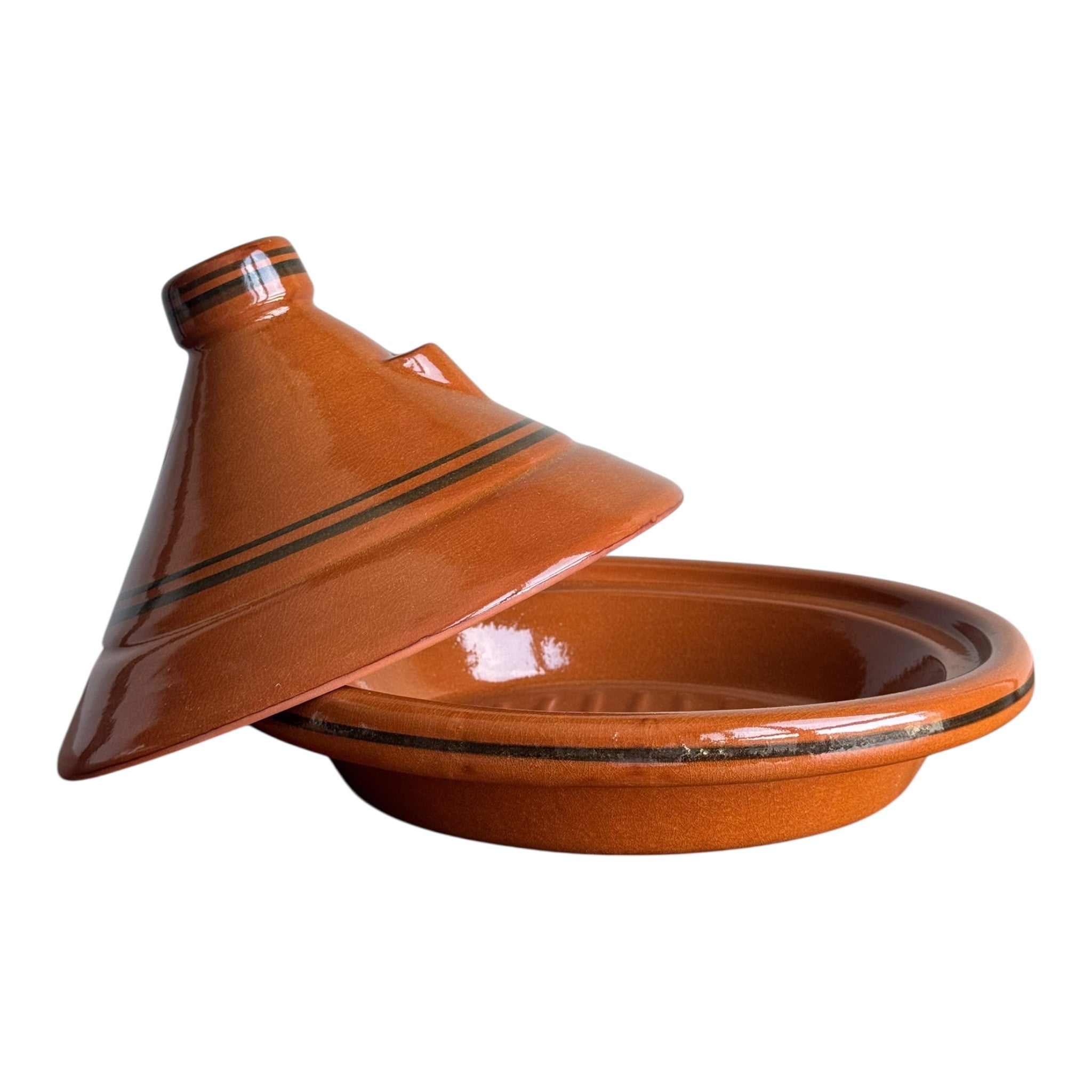 Moroccan Glazed Clay Tagine With Hand Painted Black Stripe