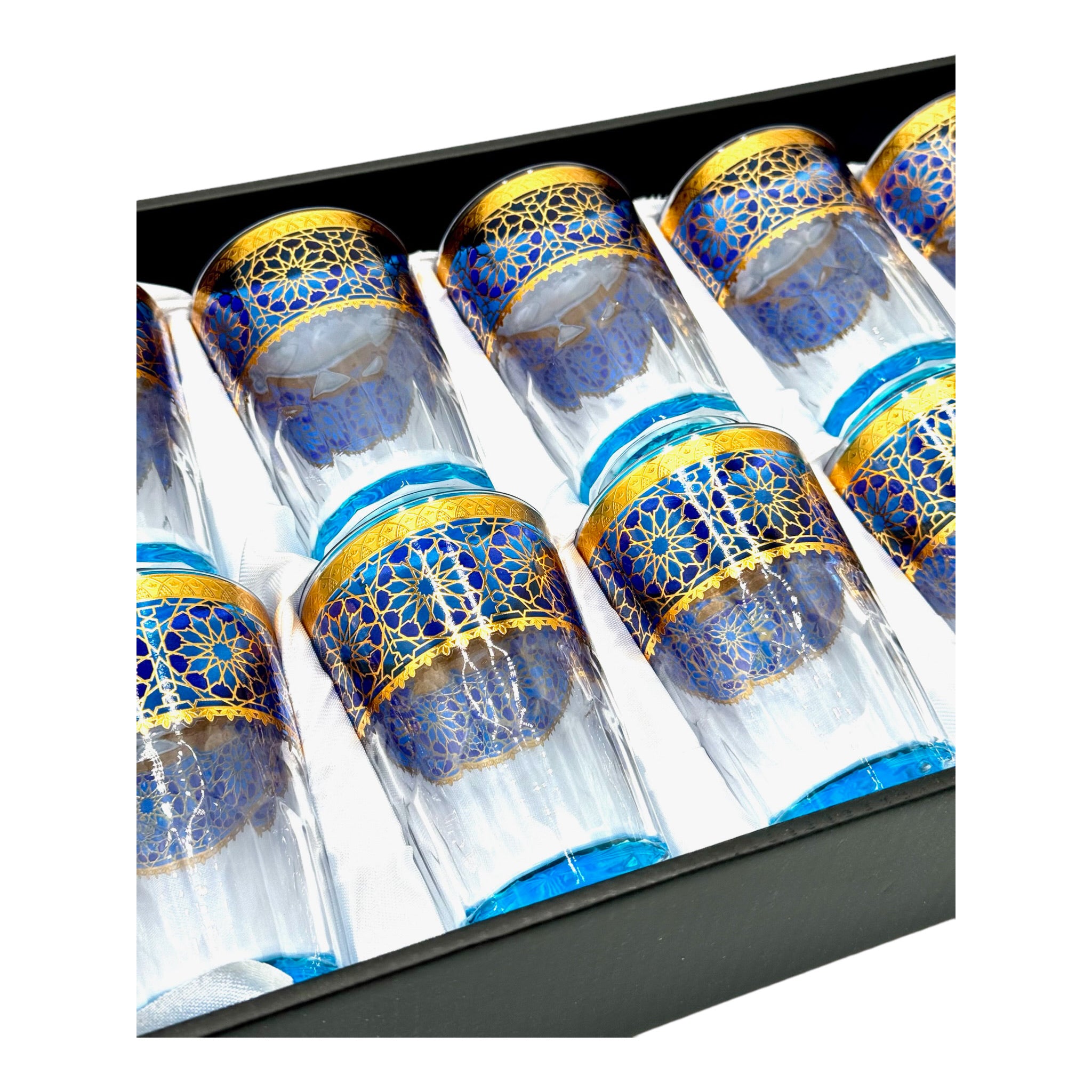 moroccan tea glasses blue and gold set of 12