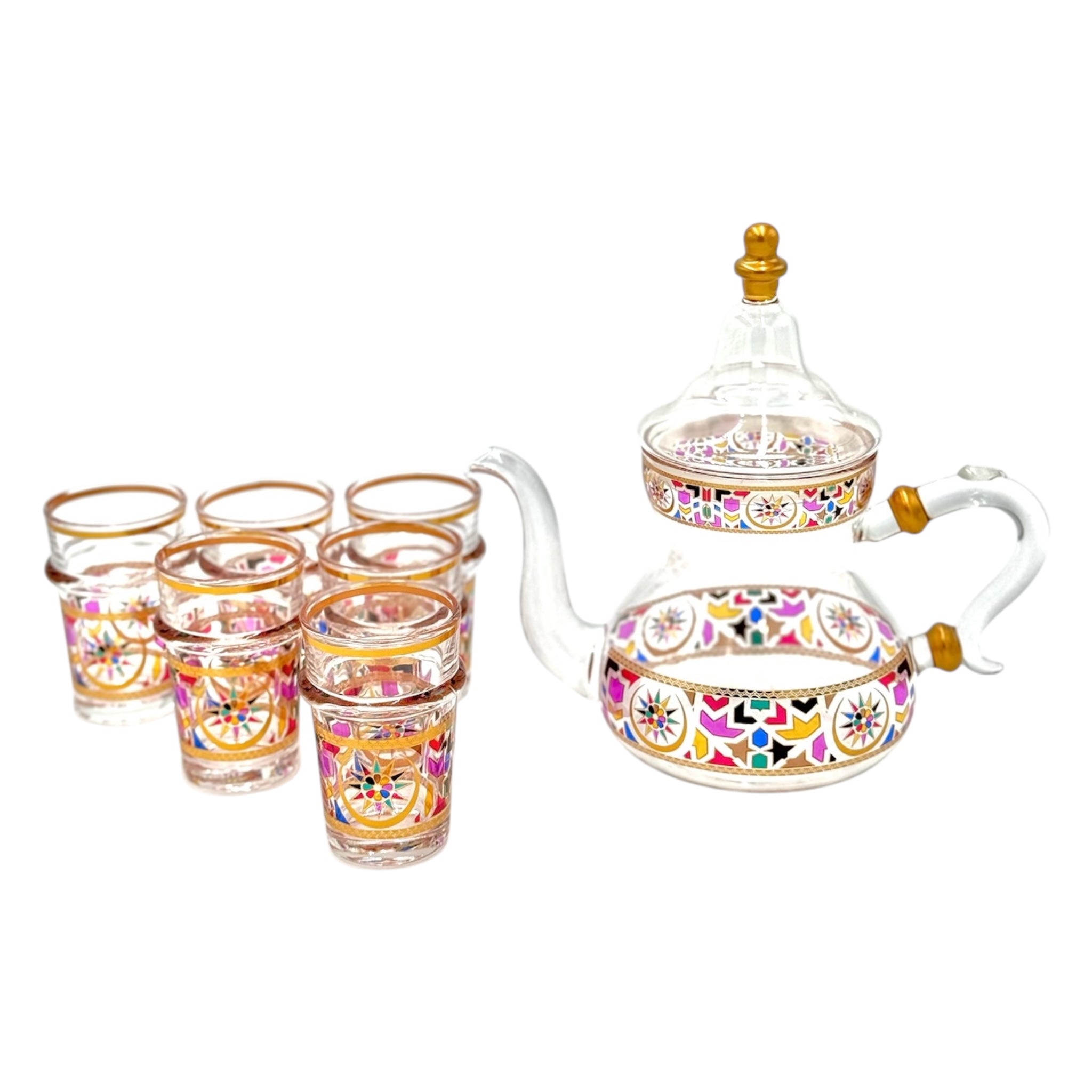 PERFECTLY IMPERFECT SALE - Multicolor Glass Teapot With 6 Tea Glasses