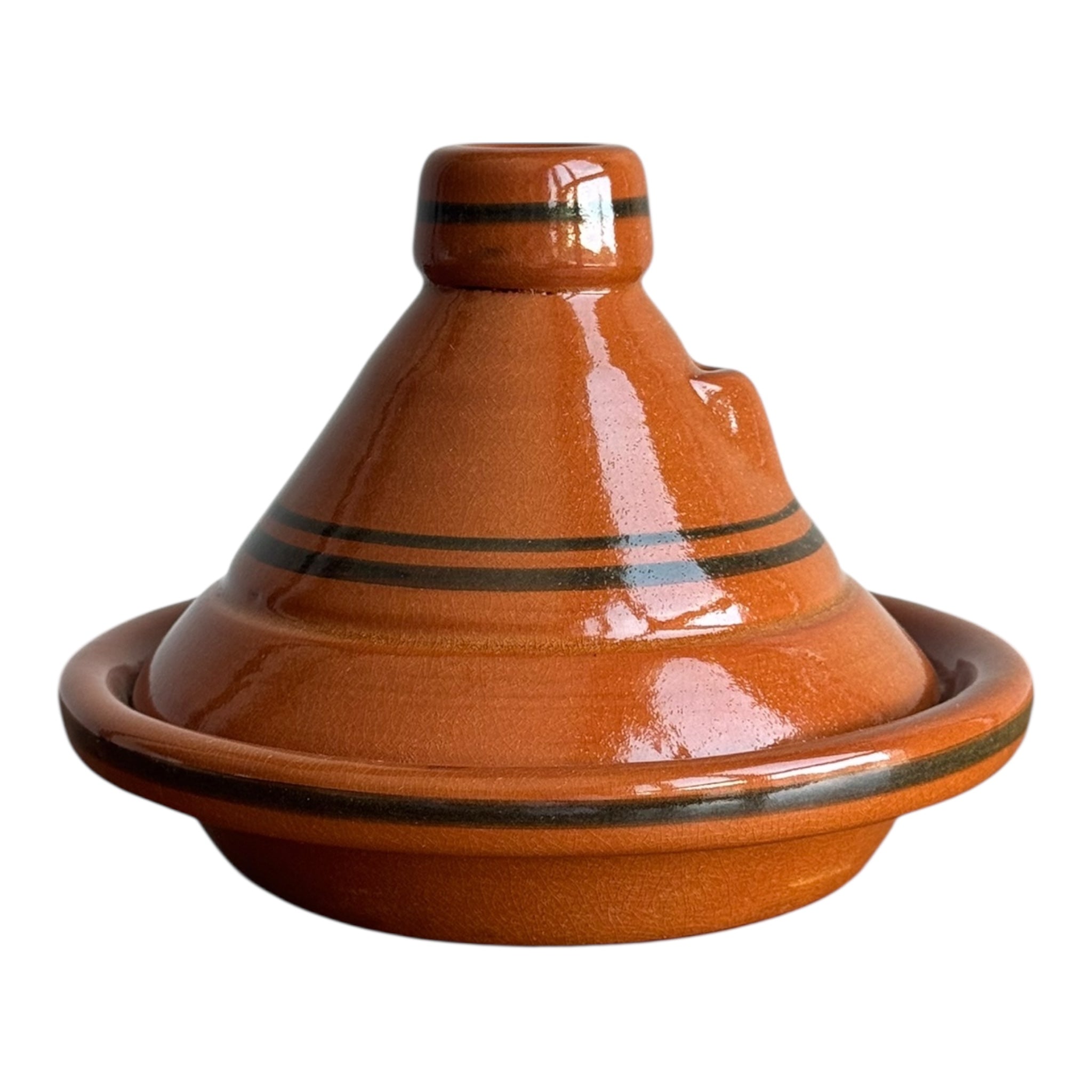 Moroccan Glazed Clay Tagine With Hand Painted Black Stripe