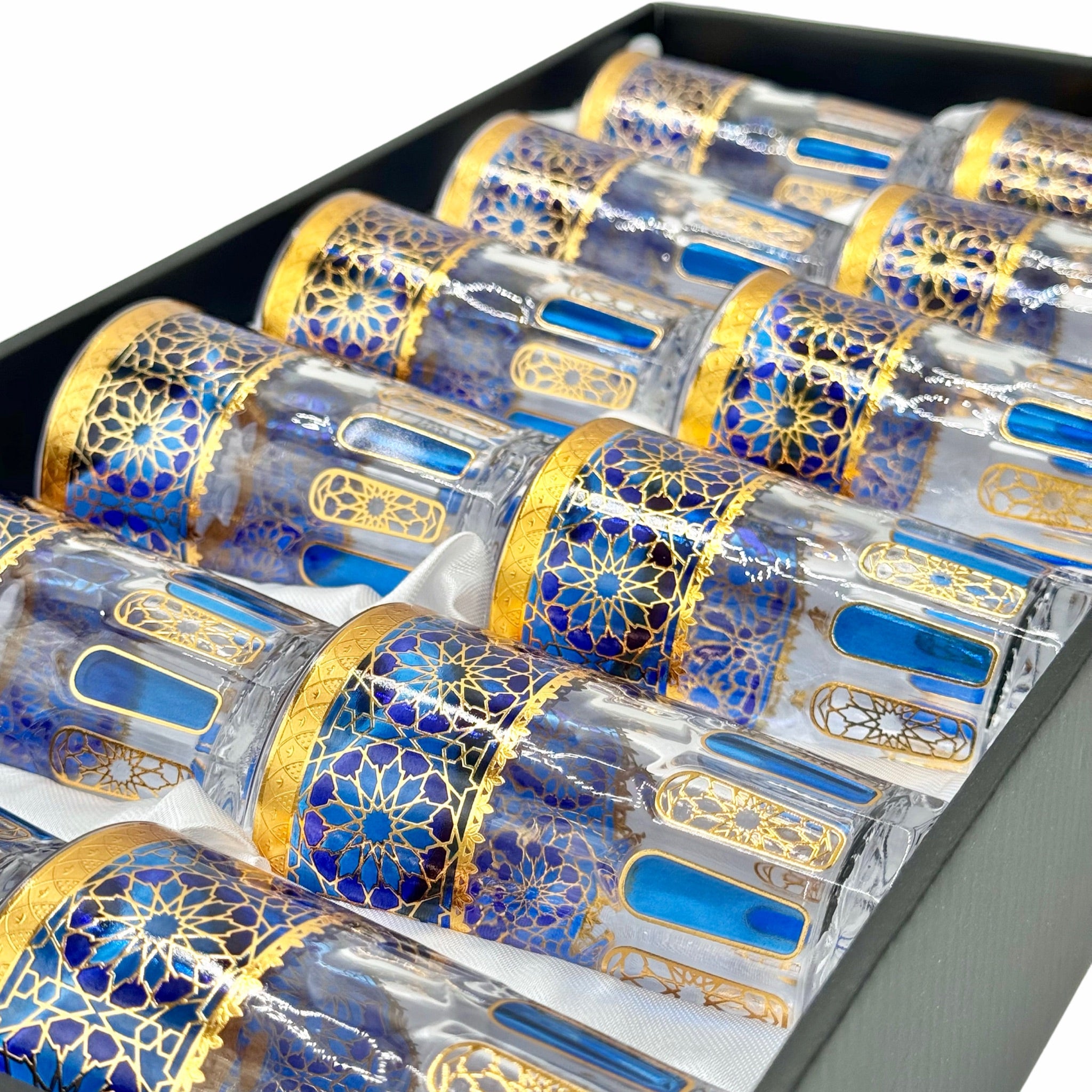 Dark Blue & Gold Lux Moroccan Tea Glasses - Set of 12
